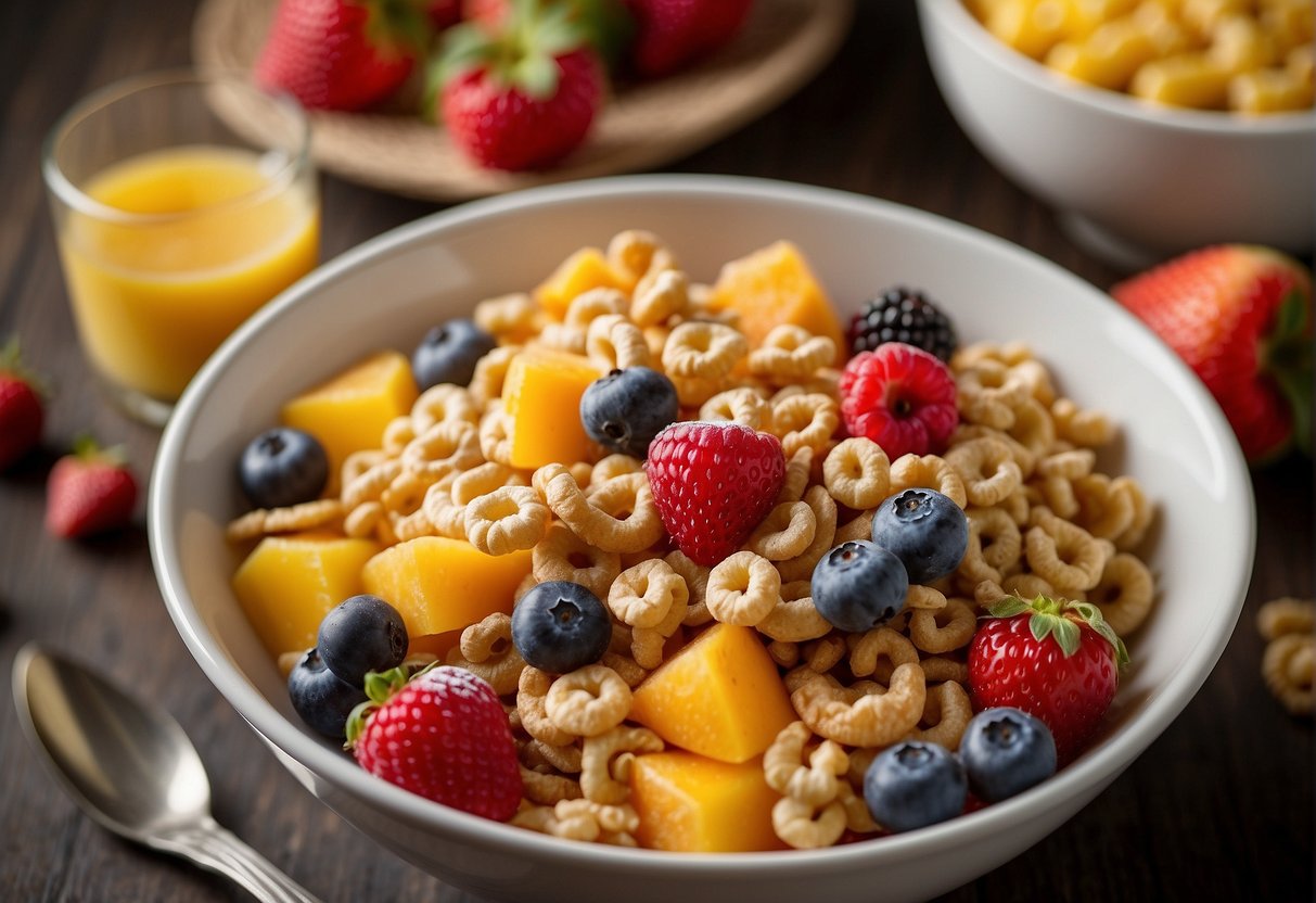 A bowl of Magic Spoon cereal surrounded by various fruits and a glass of milk, with the nutrition facts label prominently displayed