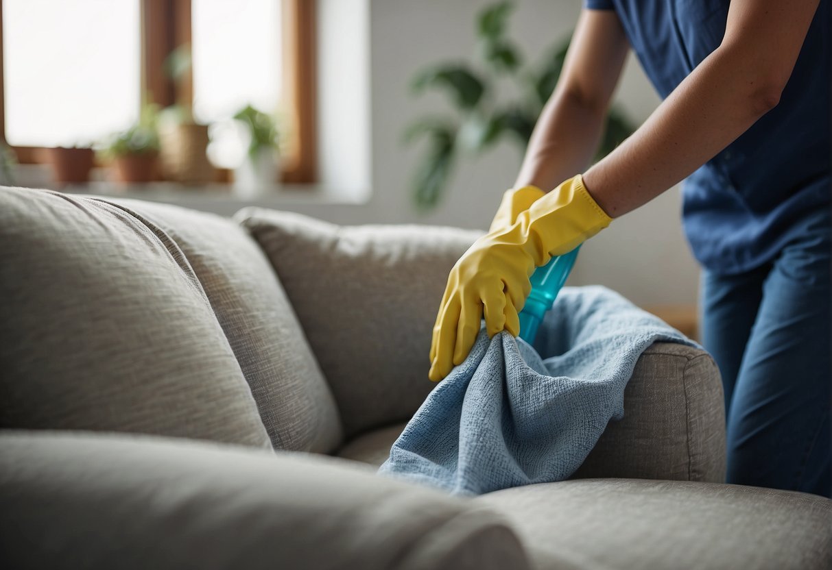 A person cleaning a linen sofa with a soft brush and gentle, circular motions. Using a mild detergent and water solution to remove stains