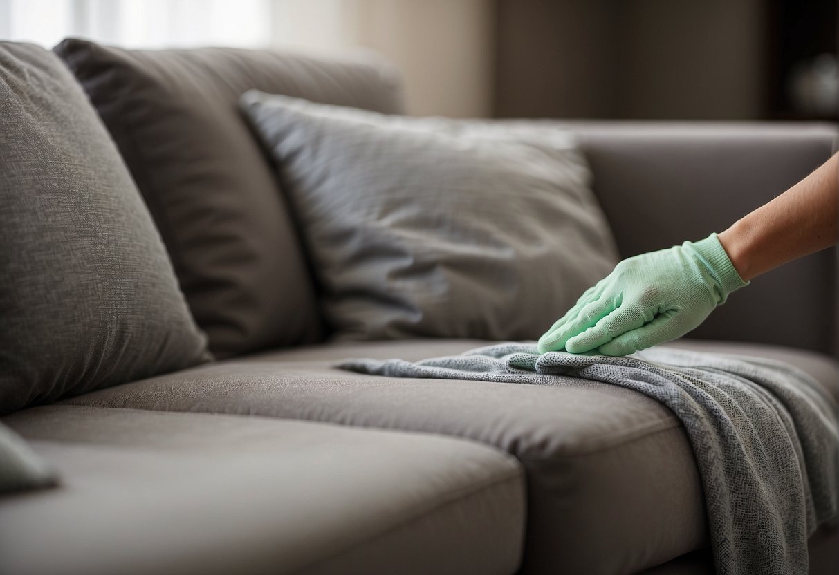 A person using a soft cloth to gently clean a linen sofa, applying a mild cleaning solution and carefully removing any stains or dirt