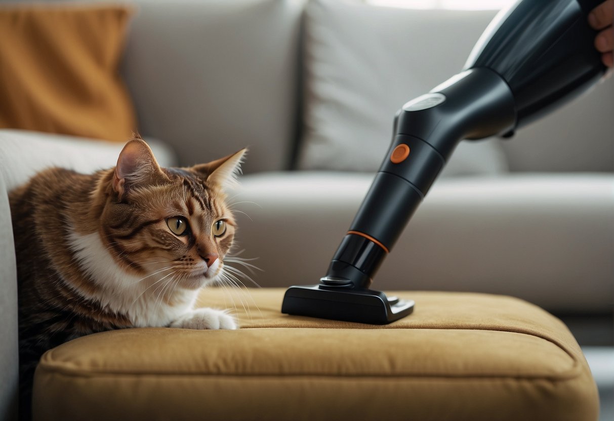 A vacuum cleaner sucking up cat urine from a sofa, followed by a drying process to remove the odor