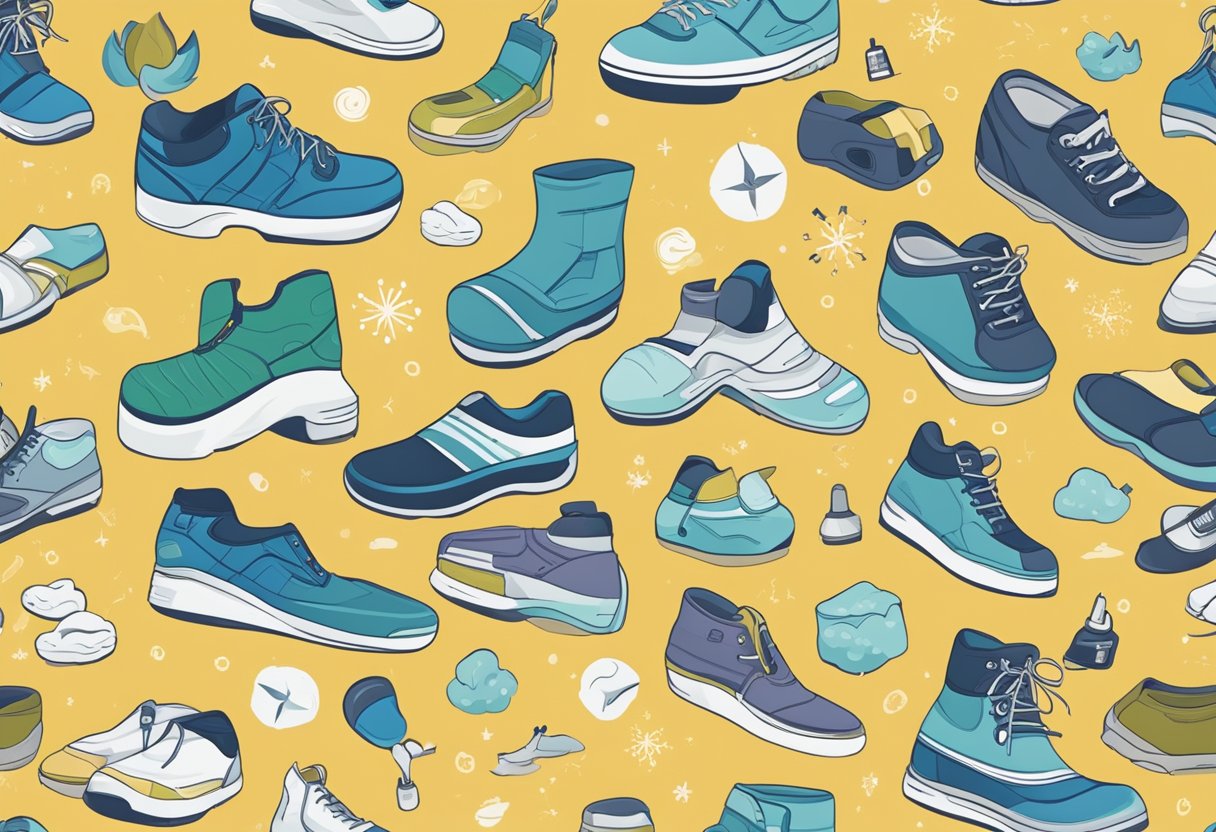 A collection of shoes and foot care products arranged by season, with corresponding weather and activity icons