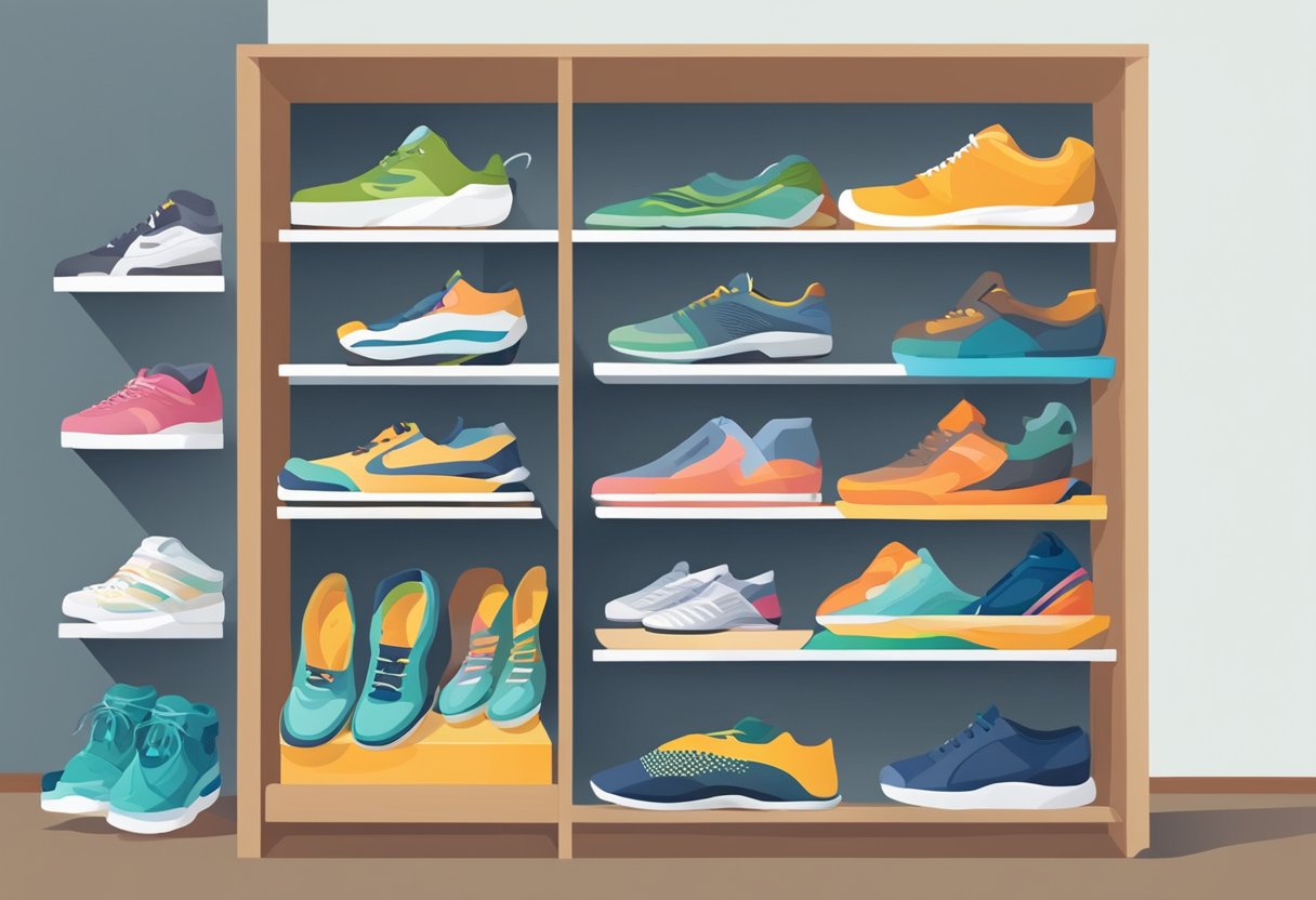 A variety of footwear for different seasons displayed on shelves, with a focus on comfort and support. Various foot health products and tips are showcased alongside the shoes