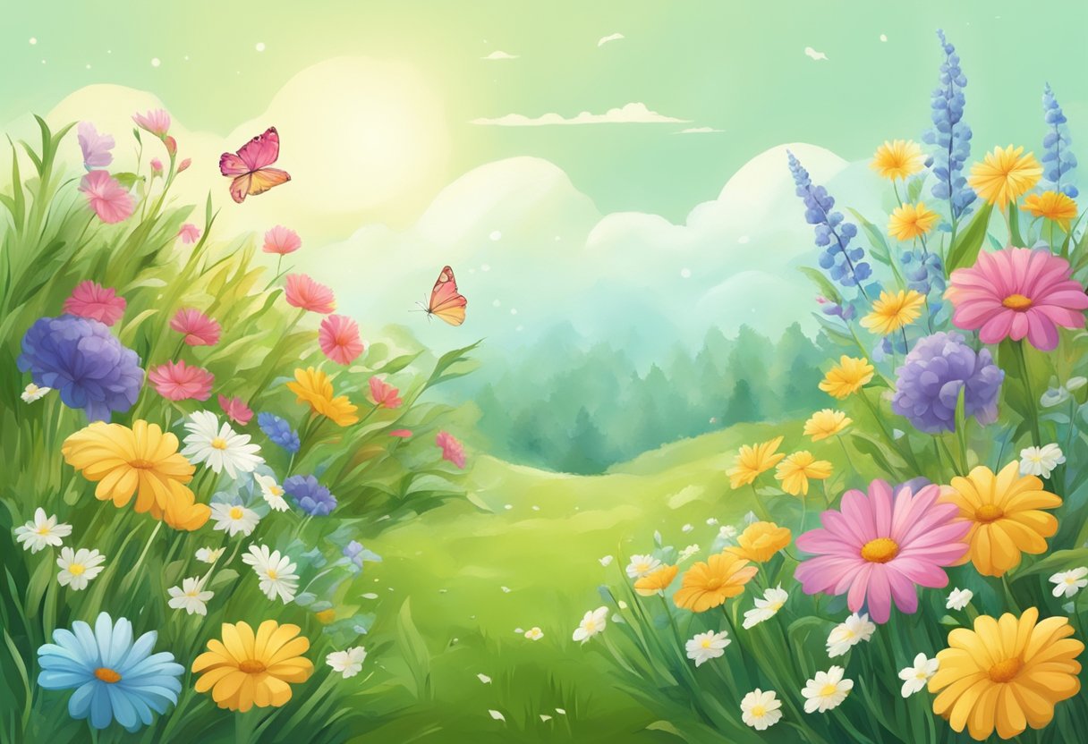 A blooming garden with various flowers and plants, representing the different seasons. A foot stepping onto soft, fresh grass, with a gentle breeze in the air