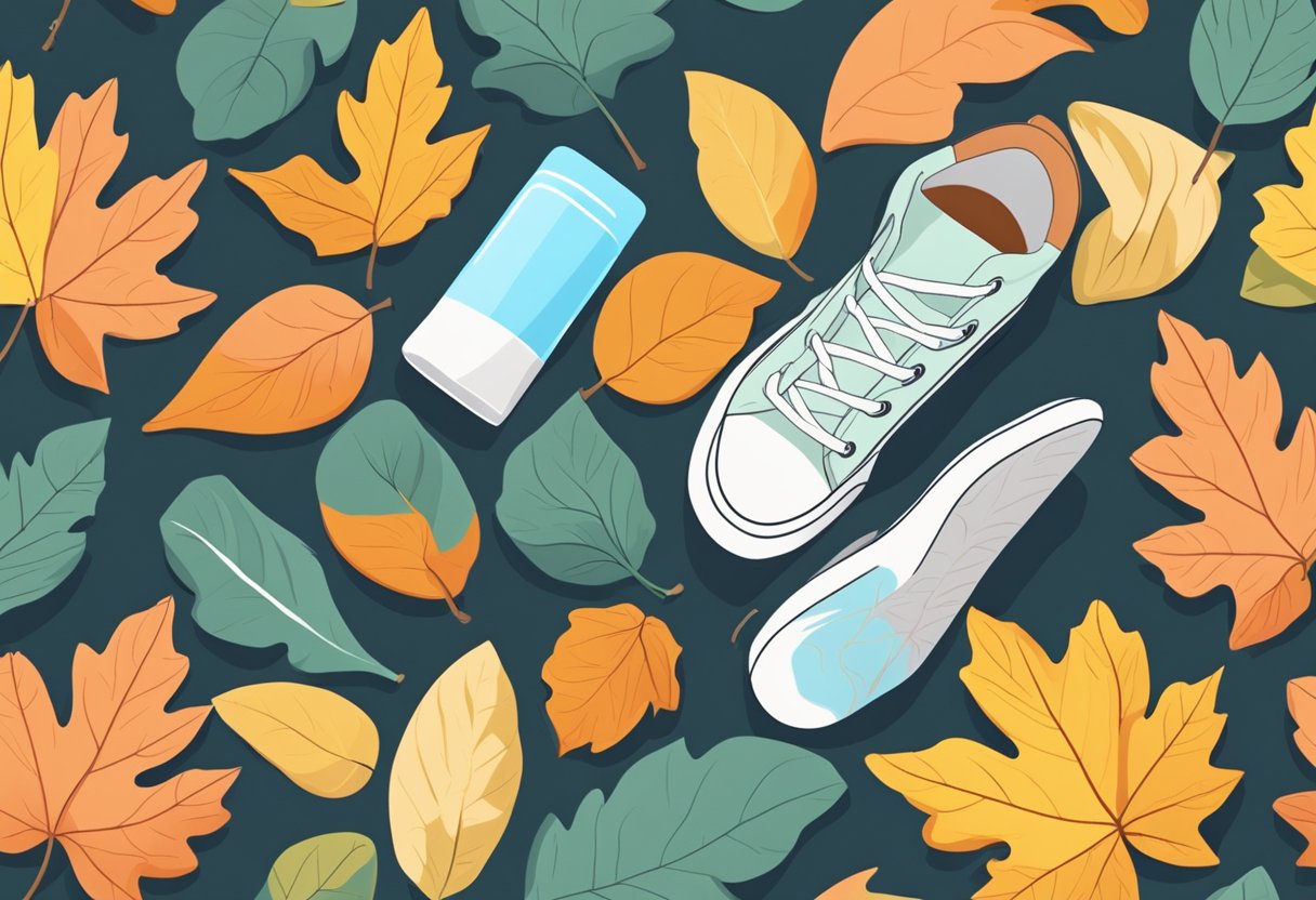 Leaves in various colors are scattered on the ground. A cozy pair of socks and a moisturizing foot cream are placed next to a pair of shoes