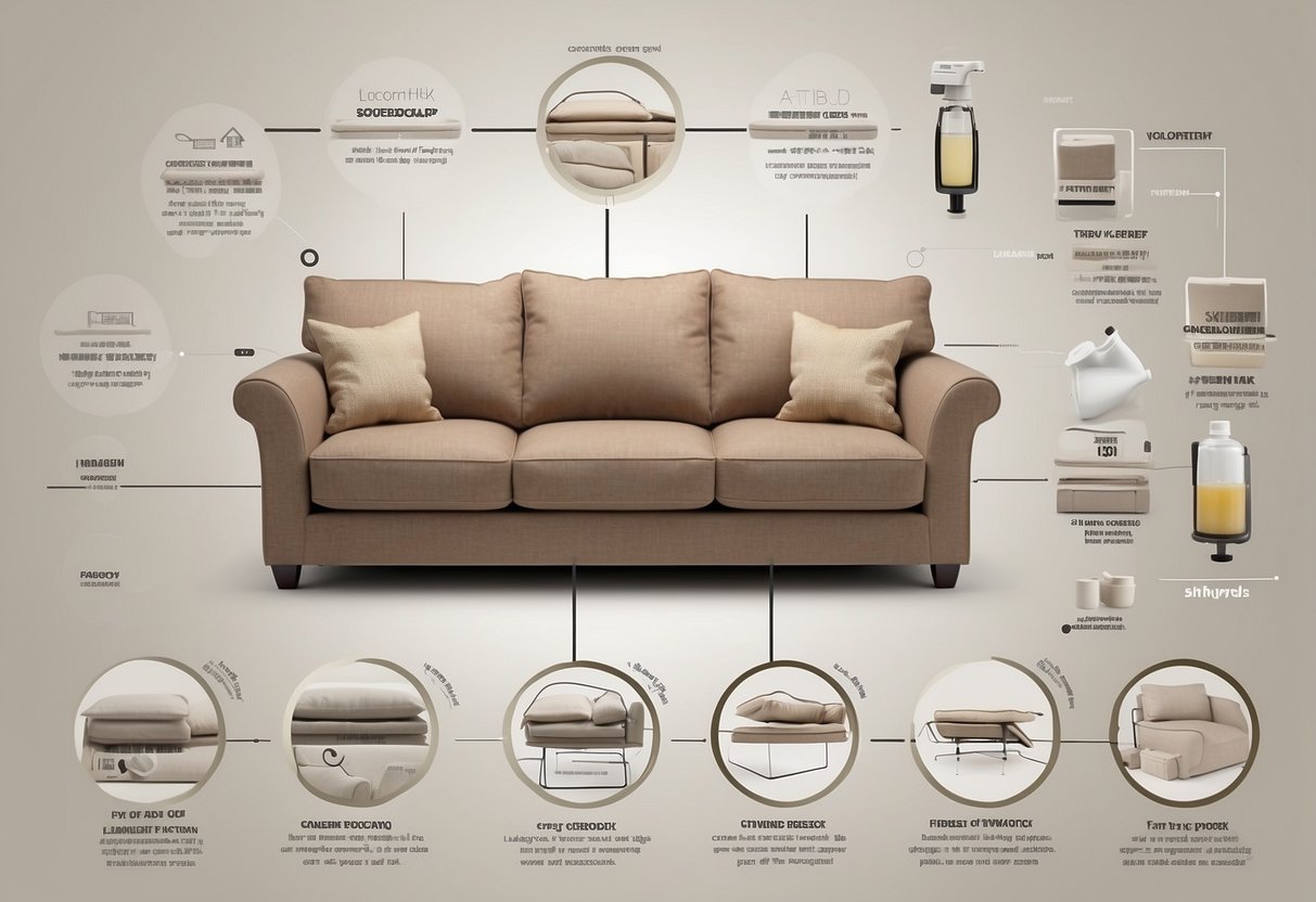 A sofa with a pen stain being treated with cleaning solution and a cloth, with a labeled diagram of different types of sofas for reference