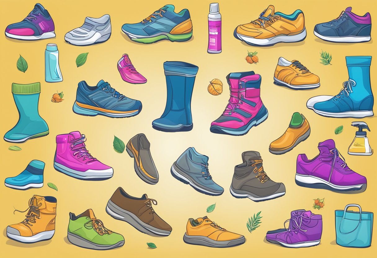 A colorful array of seasonal footwear and foot care products displayed with corresponding foot health tips