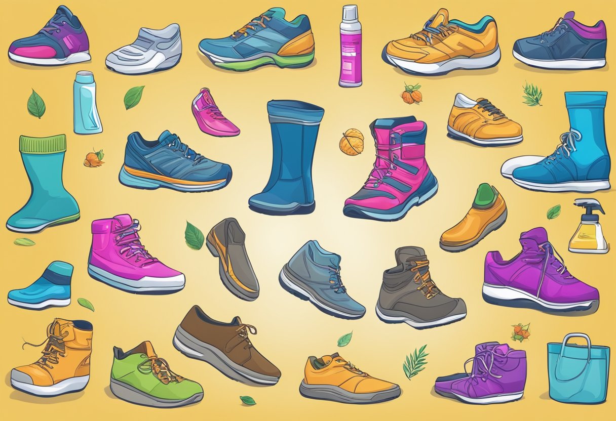 A colorful array of seasonal footwear and foot care products displayed with corresponding foot health tips