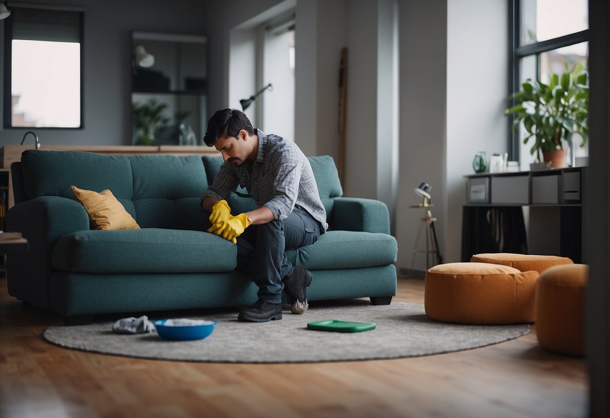 A sofa with a noticeable ink stain, surrounded by cleaning supplies and a person scrubbing the spot vigorously