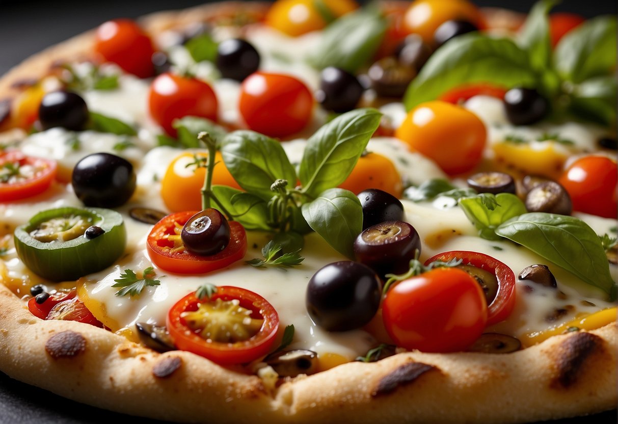 A colorful array of fresh vegetables, including bell peppers, tomatoes, mushrooms, and olives, are spread across a thin, crispy pizza crust, topped with melted mozzarella cheese and a sprinkling of fragrant basil leaves