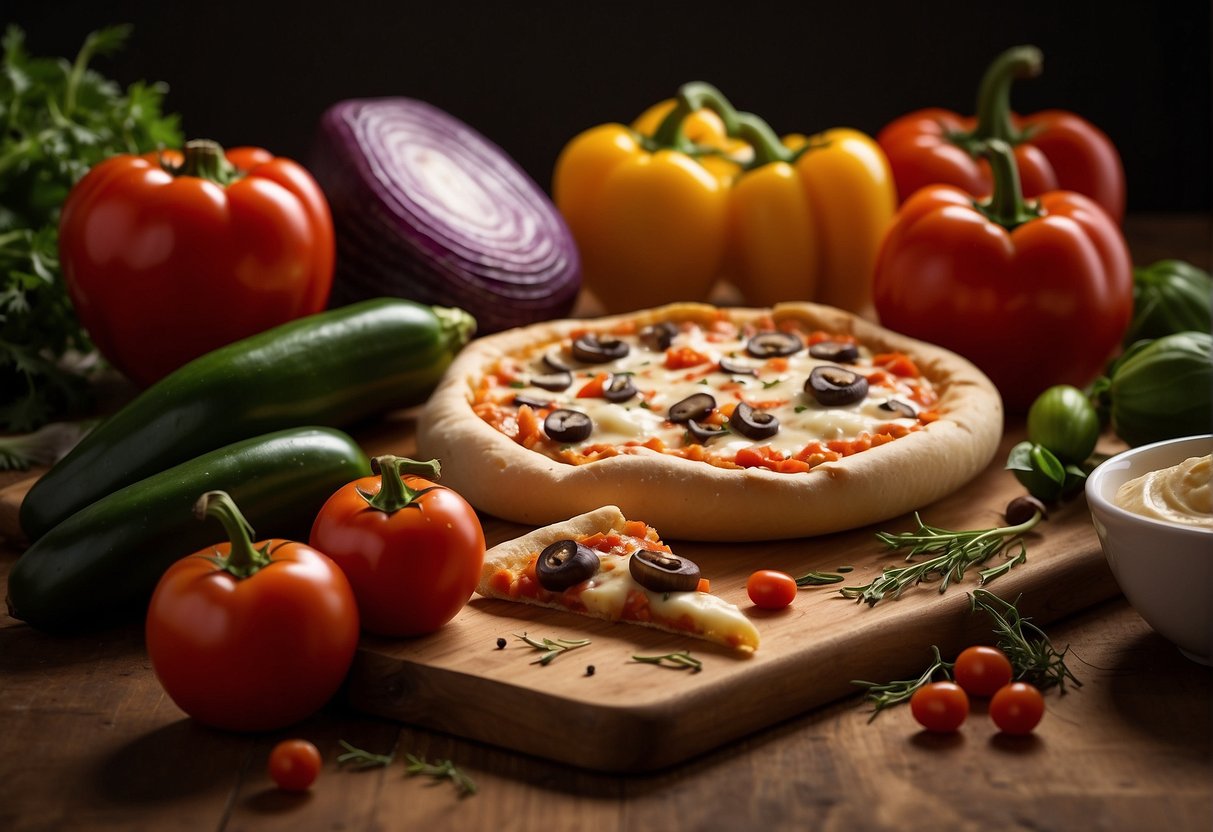 Fresh vegetables, including bell peppers, tomatoes, mushrooms, and onions, arranged on a wooden cutting board next to a bowl of homemade tomato sauce and a ball of pizza dough