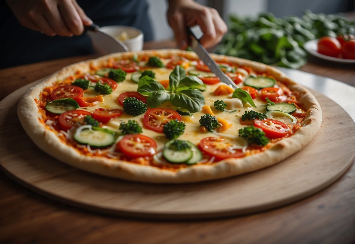 Fresh vegetables being sliced and arranged on a thin crust with tomato sauce and melted cheese, ready to be baked into a delicious vegetarian pizza