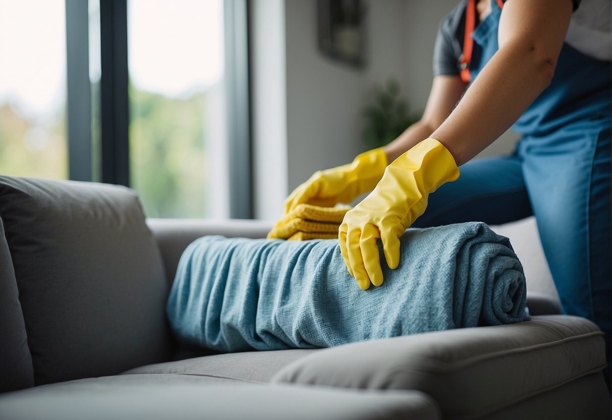 A person using a homemade cleaning solution to scrub a fabric sofa with a brush and cloth