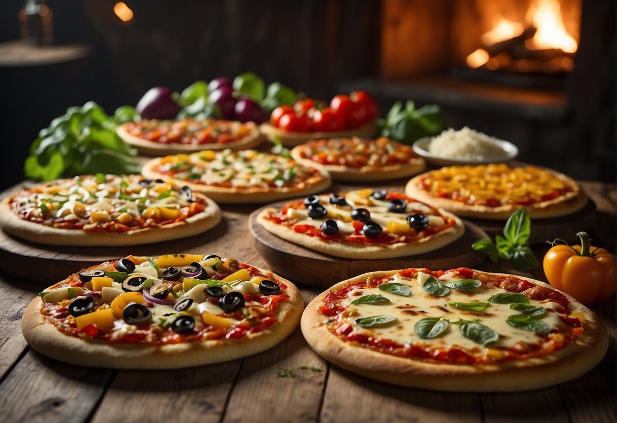 A colorful array of vegetarian pizzas, featuring an assortment of fresh vegetables and unique toppings, displayed on a rustic wooden table