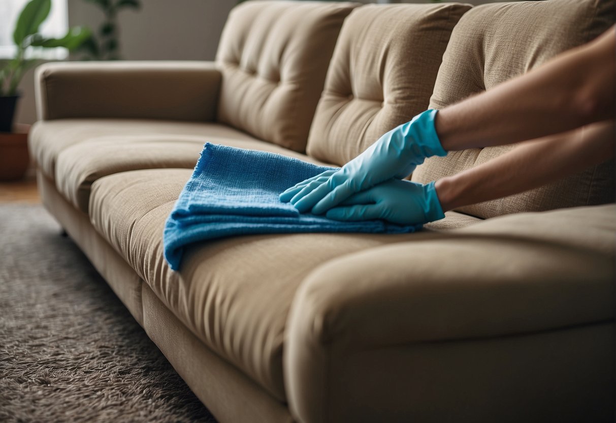 A fabric sofa being cleaned with homemade solution and a soft brush