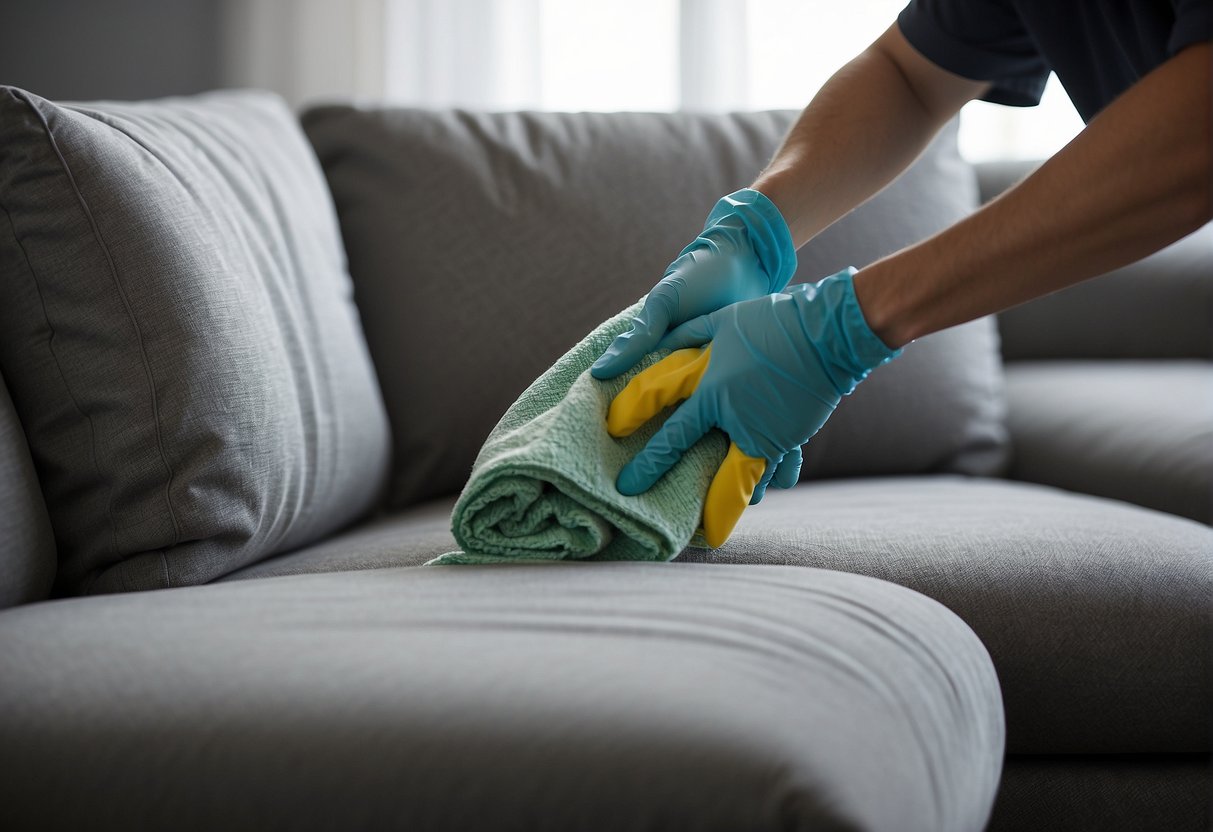 A sofa covered in fabric being cleaned step by step with a homemade cleaning product