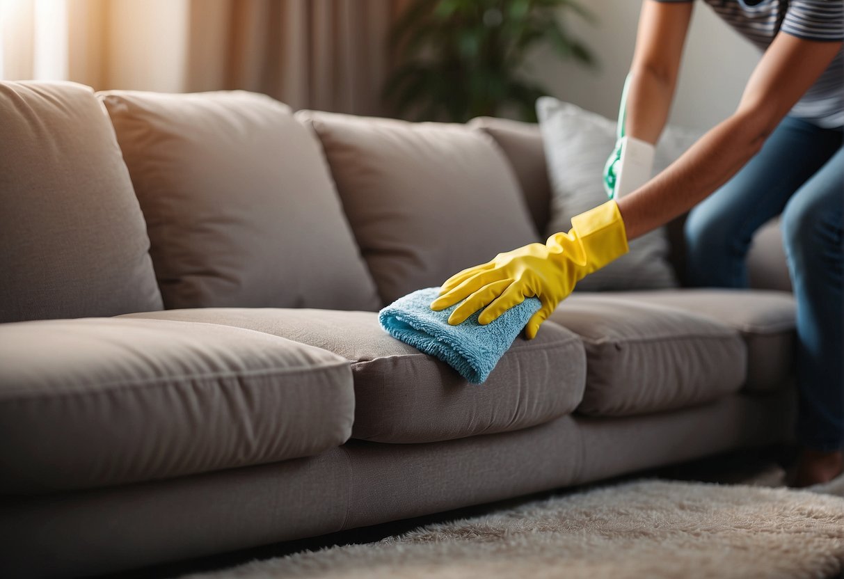 A sofa being gently cleaned with a homemade fabric cleaner, followed by careful maintenance to ensure its longevity and cleanliness