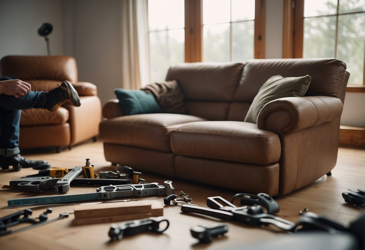 A person disassembling a reclining sofa with tools and parts scattered around