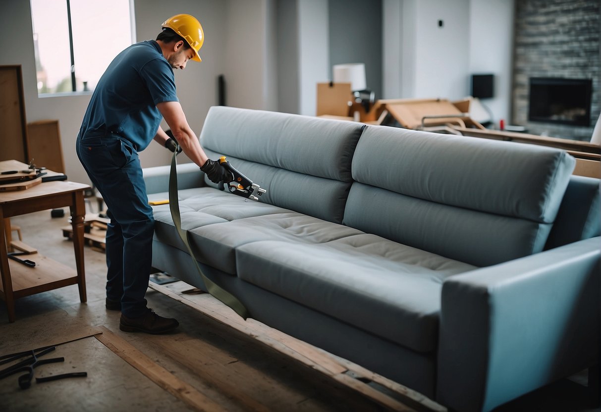A sofa being disassembled for maintenance and prevention