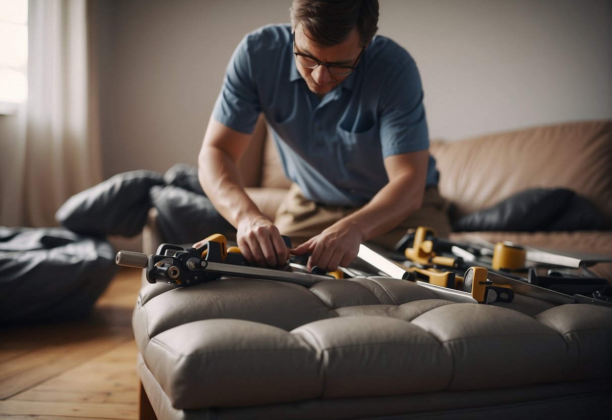 A person disassembling a reclining sofa with tools scattered around