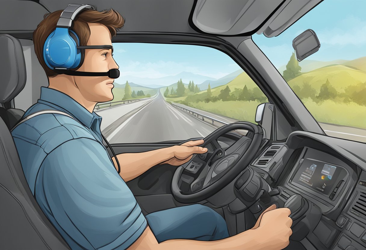 A trucker wearing LDAS headset, following regulations for hands-free devices, ensuring safety on the road