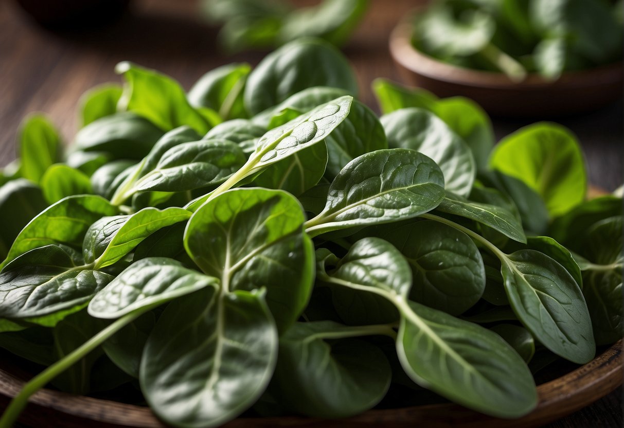 Fresh baby spinach leaves arranged in a vibrant pile, showcasing their rich green color and delicate texture. A nutritional label or chart can be included to highlight the health benefits