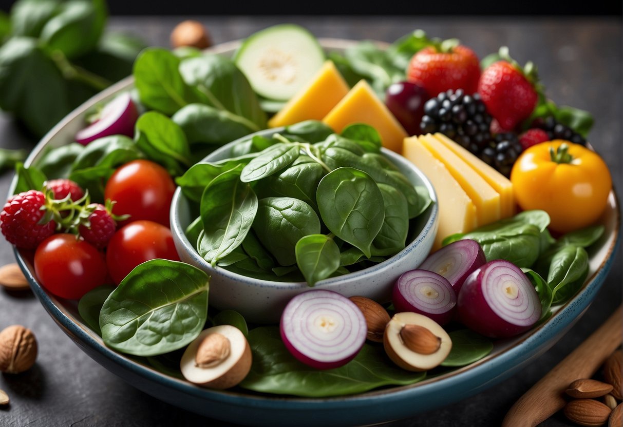 Fresh baby spinach leaves arranged in a colorful salad bowl, surrounded by various nutritious ingredients like nuts, berries, and cheese