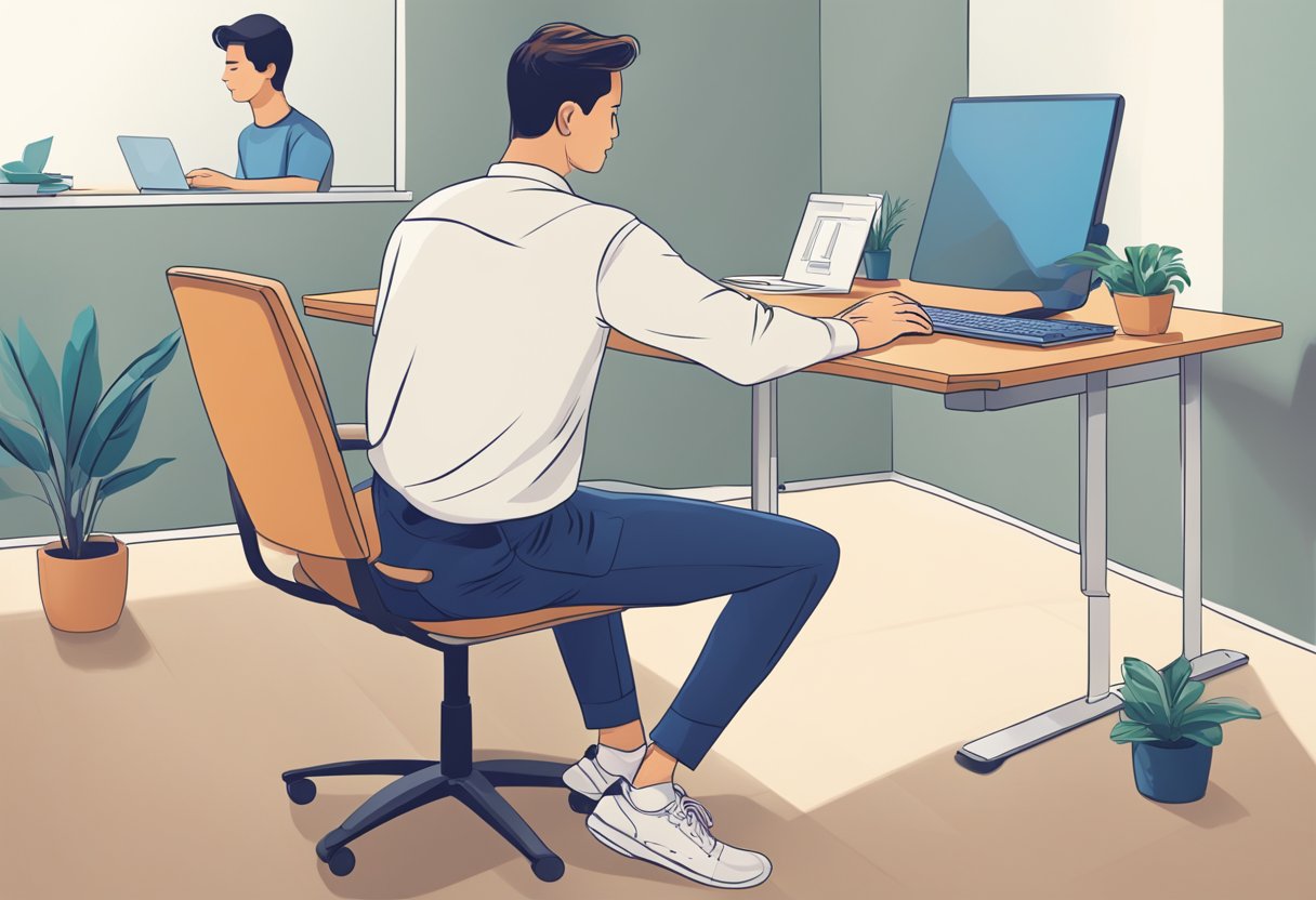 A person sitting at a desk with a foot elevated and doing simple exercises. A professional is in the background, ready to offer guidance