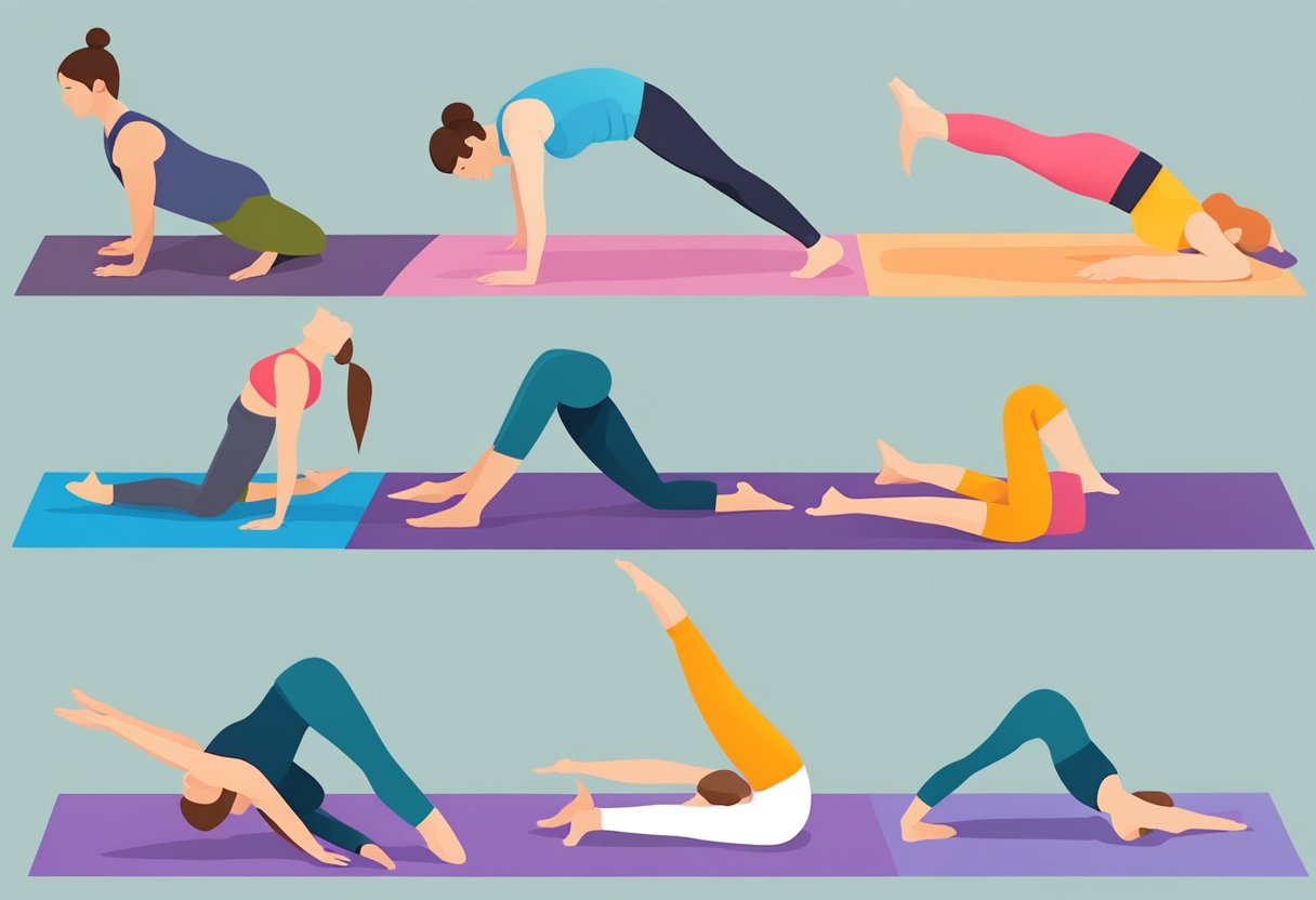 Feet in various yoga poses, such as downward dog or warrior, stretching and strengthening on a yoga mat