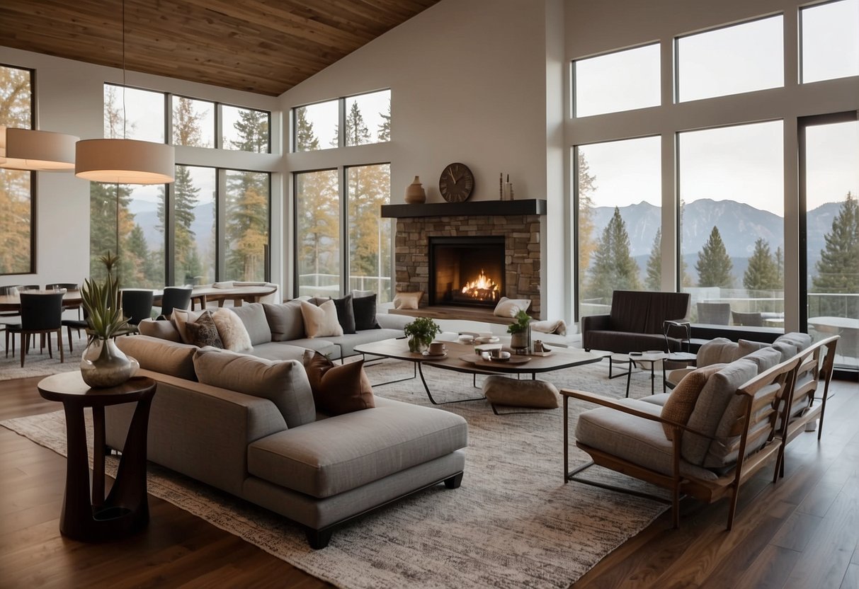 A spacious living room with large windows, high ceilings, and modern furniture. An open floor plan connects the kitchen and dining area, while a cozy fireplace adds warmth to the room