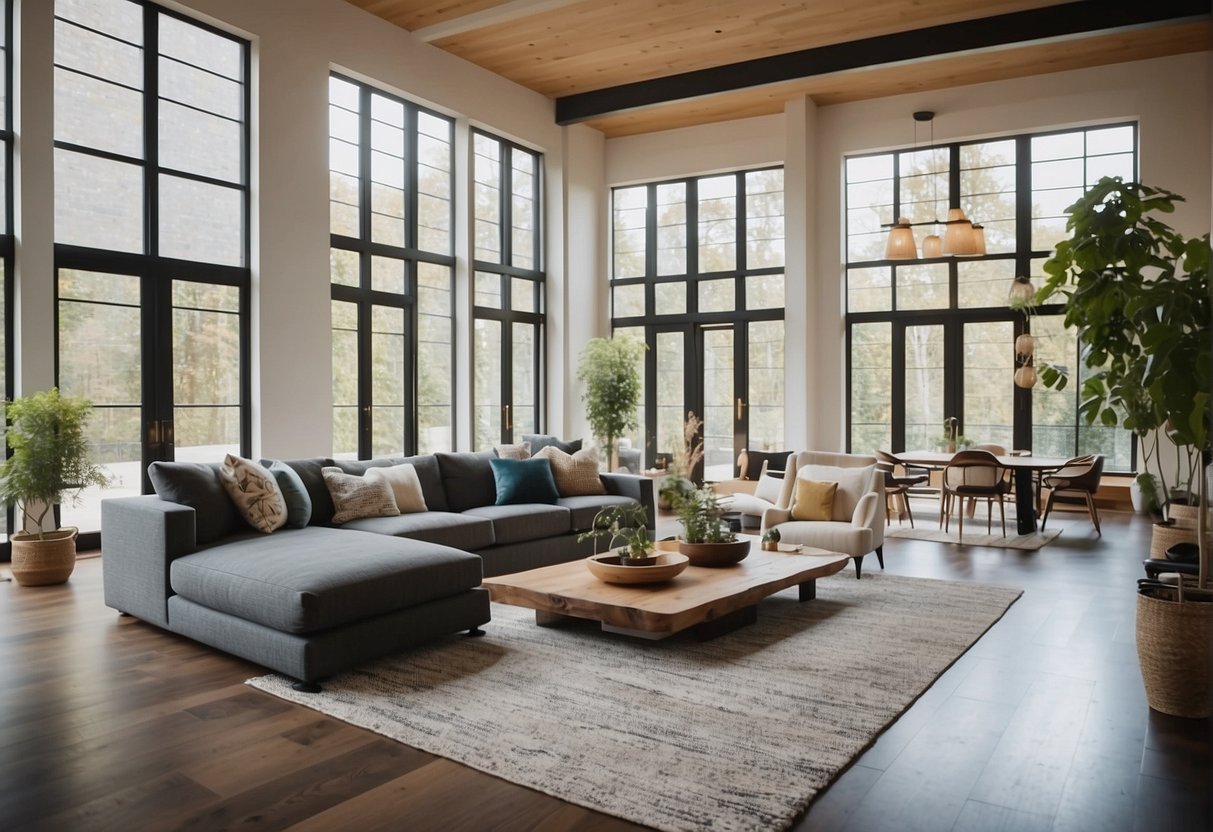 A spacious living room with an open floor plan, connecting seamlessly to a modern kitchen and dining area. Large windows flood the space with natural light, while high ceilings create a sense of openness and airiness