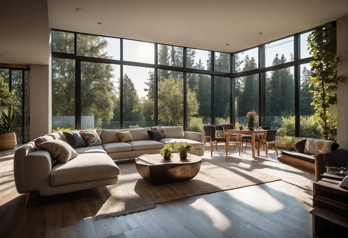 A spacious living room with modern furniture and large windows overlooking a lush garden. Open floor plan connects kitchen and dining area