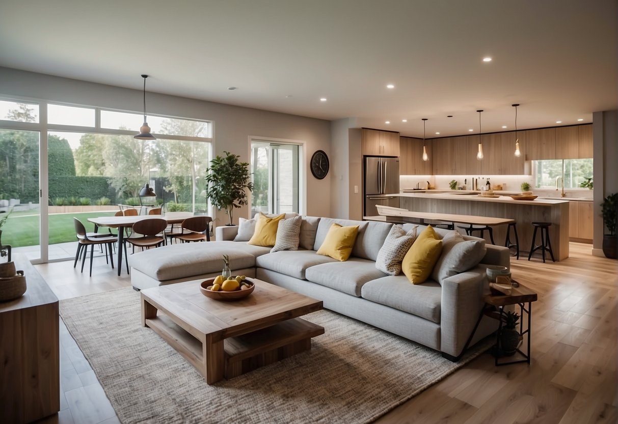 A spacious, well-lit living room with modern furniture and open floor plan. The kitchen seamlessly integrates with the dining area, creating a functional and stylish space