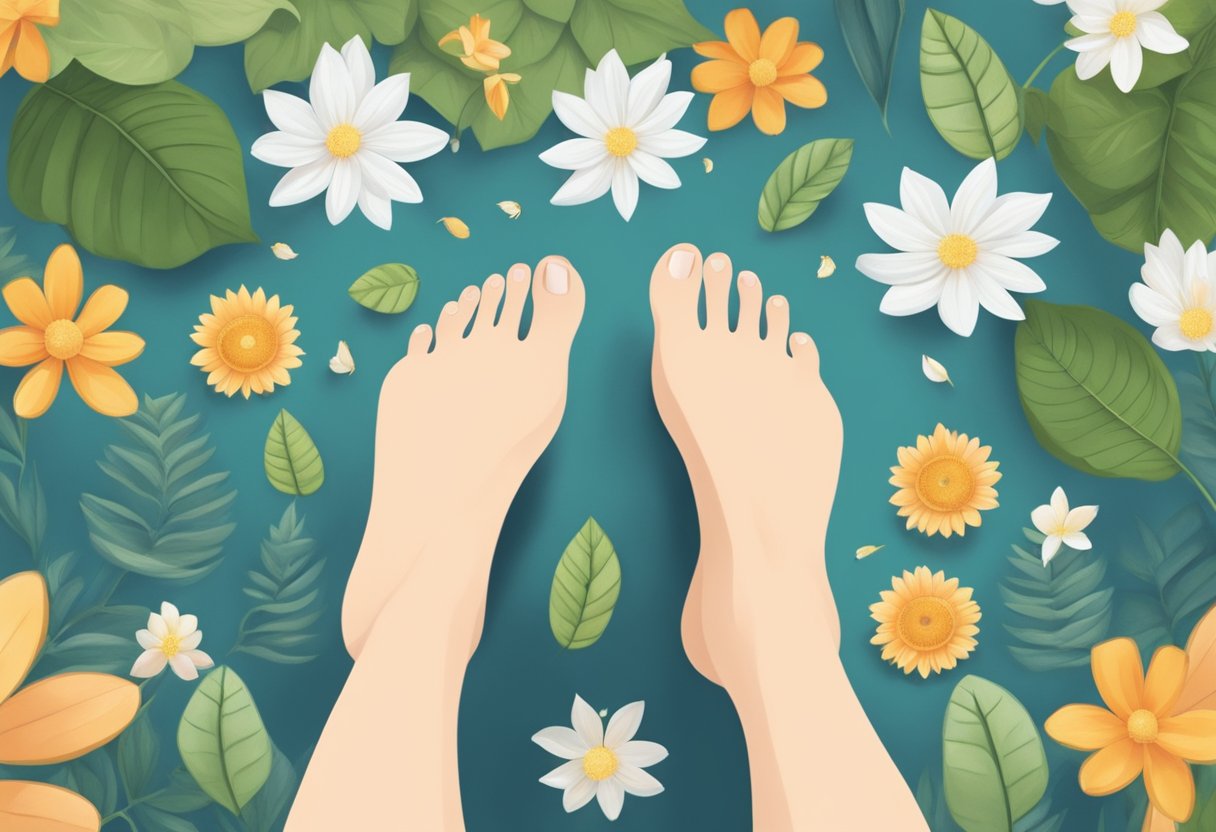 A foot with spread toes doing yoga poses on a yoga mat, surrounded by calming nature elements like flowers and leaves