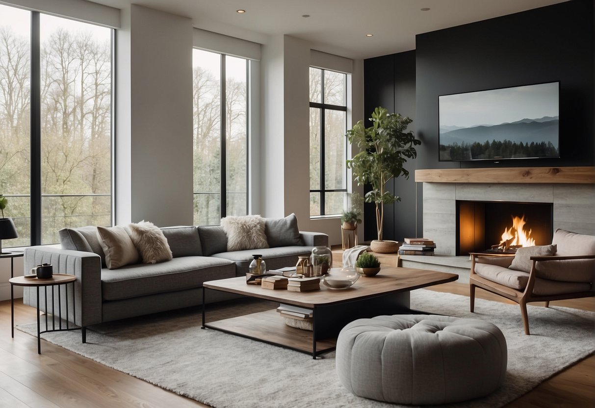 A spacious living room with modern furniture, large windows letting in natural light, and a cozy fireplace as a focal point