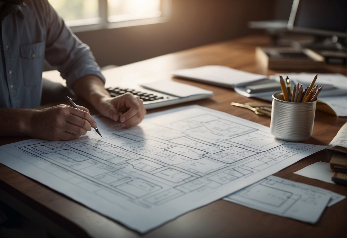 A designer sits at a drafting table, adding final details to a house plan. Blueprints, rulers, and pencils are scattered around the workspace
