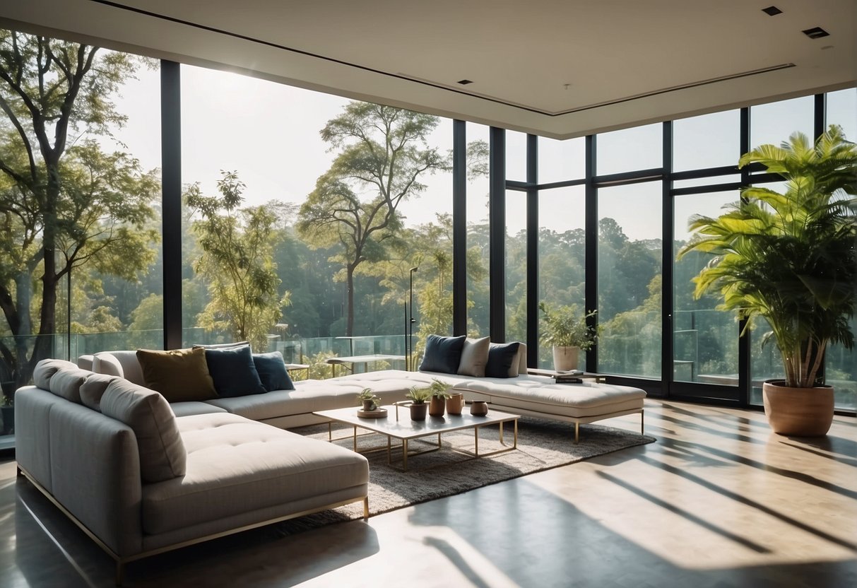 A bright room with floor-to-ceiling windows, showcasing a modern open floor plan with sleek furniture and minimalist decor, surrounded by lush greenery and natural light