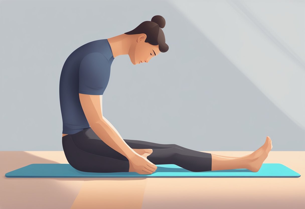 A person is doing calf stretches on a yoga mat, with their feet flexed and toes pointing towards them. The focus is on the stretching of the calf muscles to promote foot health