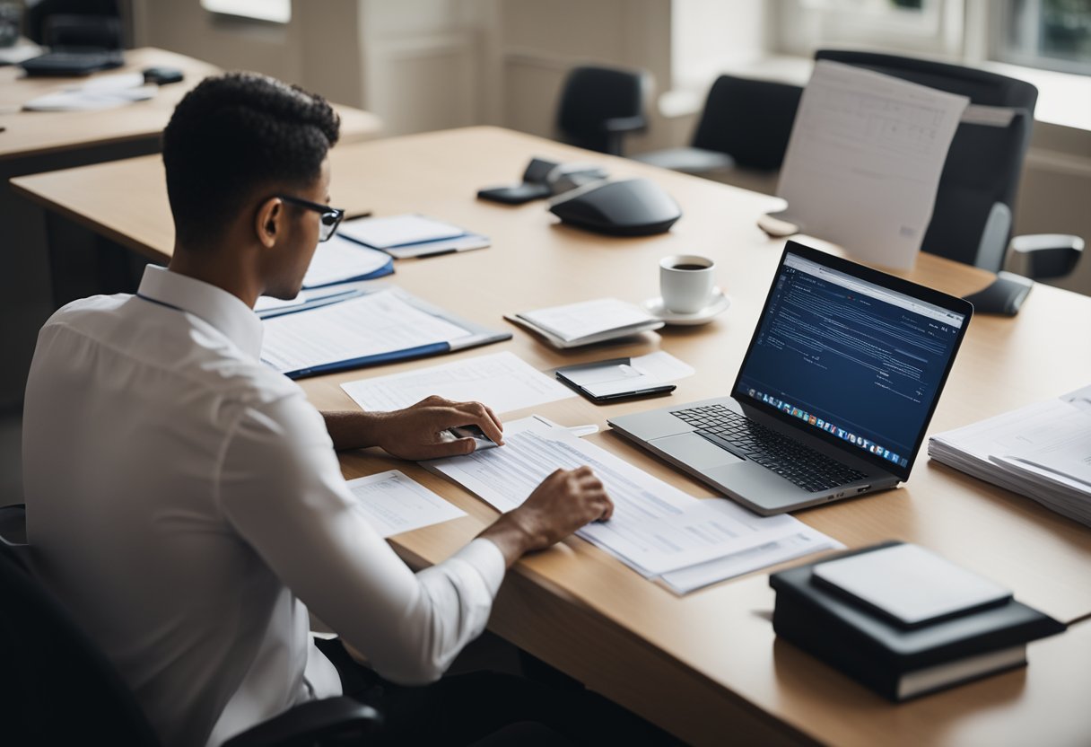 A person is sitting at a desk, surrounded by paperwork and a computer. They are filling out forms and entering information into a secure online banking portal. The scene conveys a sense of organization and professionalism