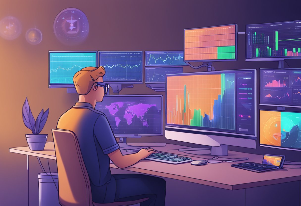 A person using a computer to trade cryptocurrency with AI assistance, with various charts and graphs displayed on the screen