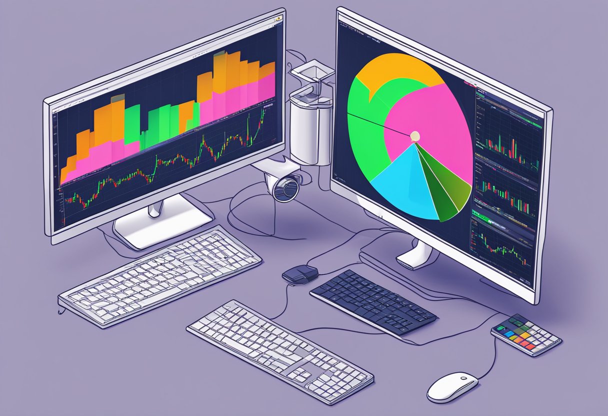 A computer screen displaying technical analysis charts and AI crypto prediction algorithms