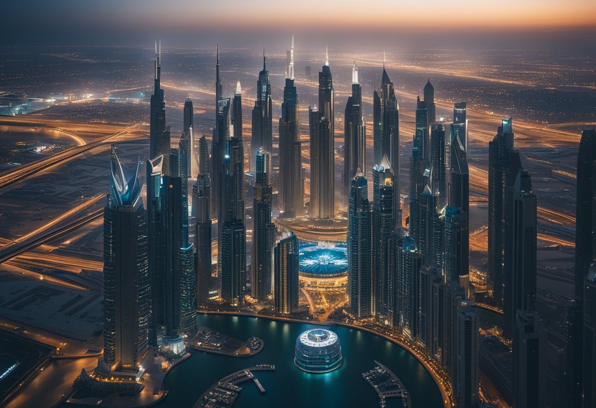 A bustling Dubai skyline with towering skyscrapers and a vibrant cityscape, showcasing the potential for lucrative investment opportunities