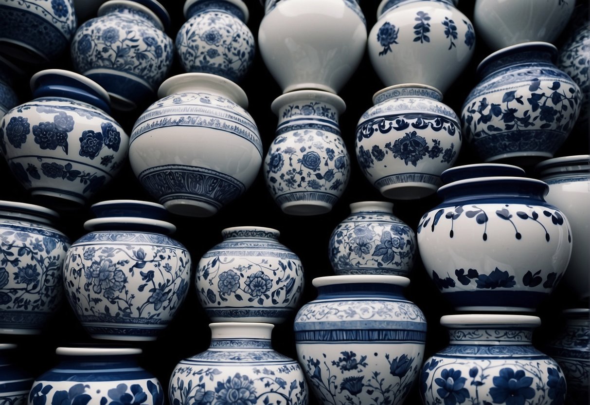 Several large blue and white ceramic pots arranged in a cluster