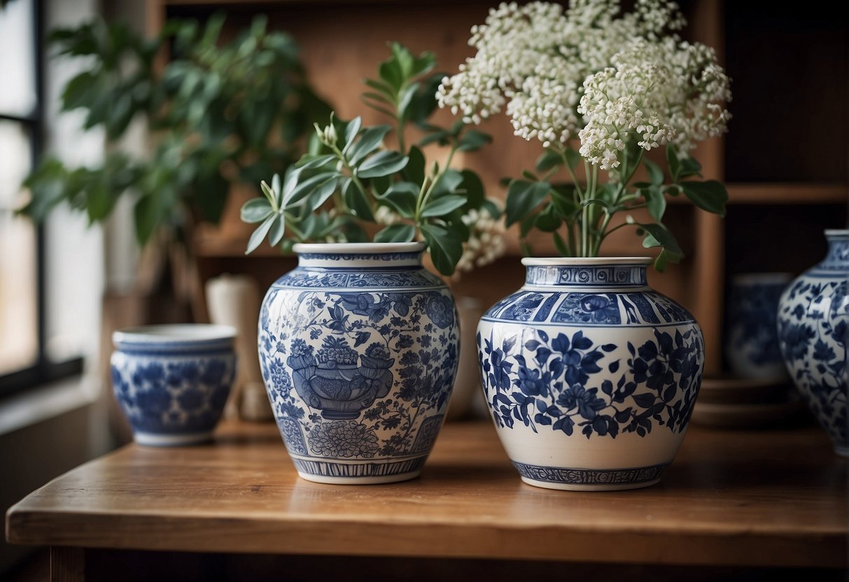 Two large blue and white ceramic pots sit side by side on a wooden shelf, showcasing the history of blue and white ceramics