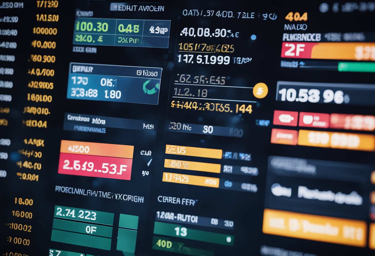 A digital screen displaying real-time currency exchange rates in a modern office setting. Graphs and charts show daily updates for informed decision-making