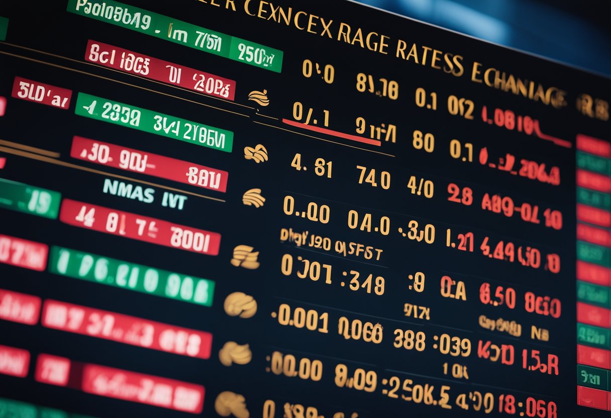 A digital display board showing updated currency exchange rates in UAE, with clear and easy-to-read numbers and symbols