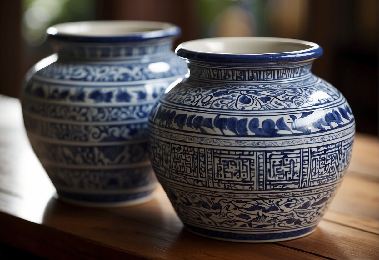 Two large blue and white ceramic pots sit side by side on a wooden table, each intricately designed with geometric patterns and crafted with precision