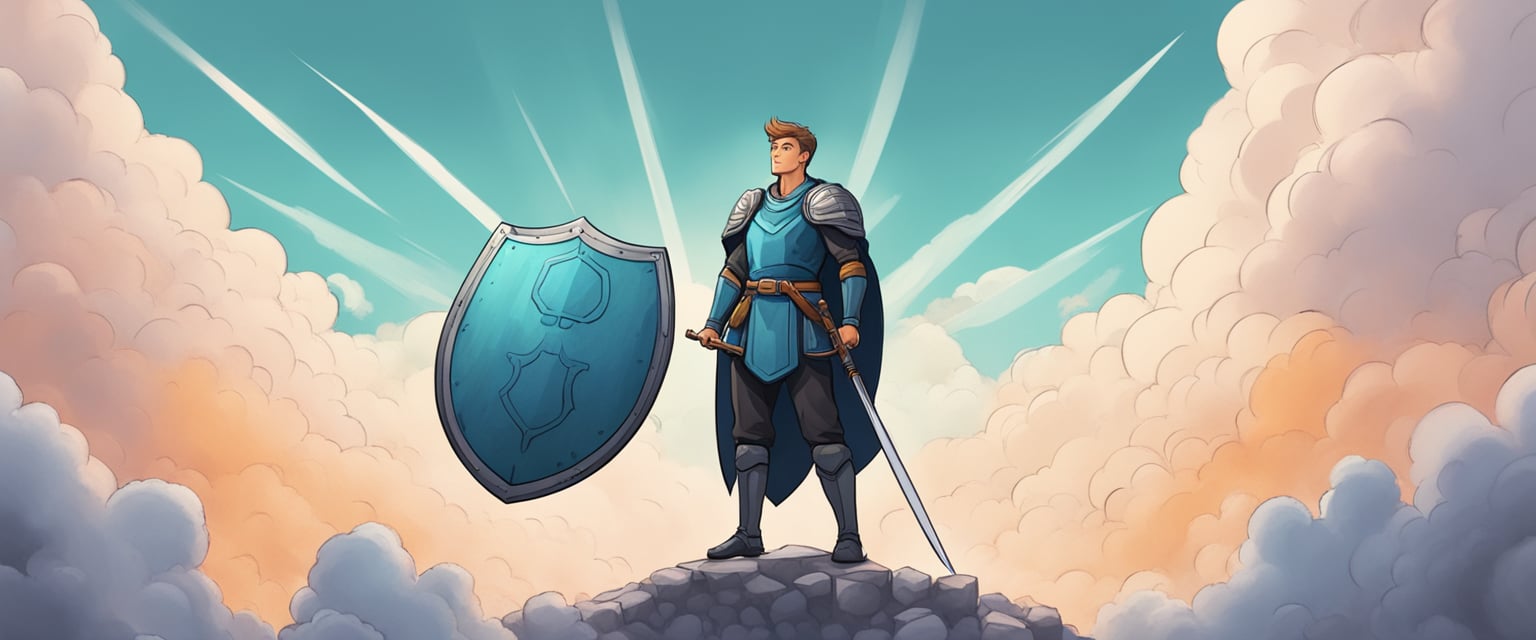 A person stands confidently, surrounded by a cloud of negativity. They hold a shield of self-awareness and a sword of assertiveness, ready to deflect and outsmart toxic behavior