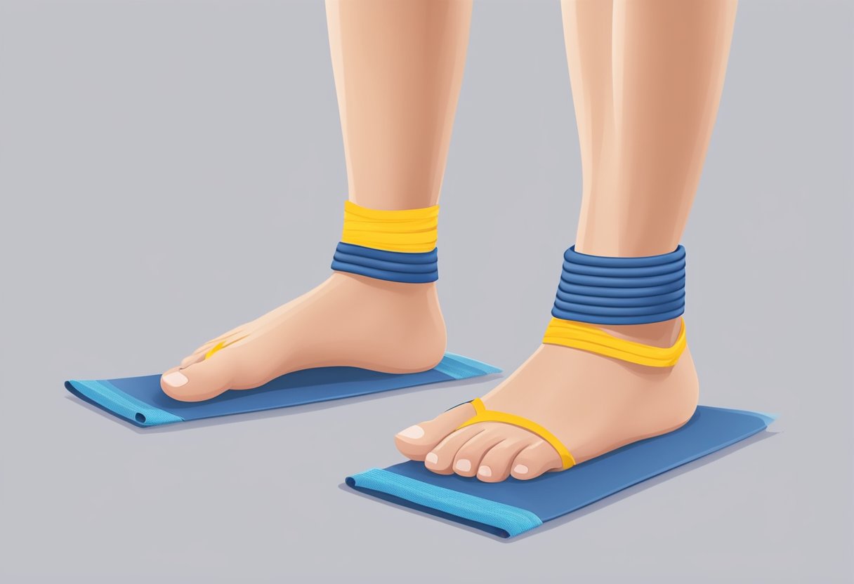 A foot with toes spread wide, pressing into a resistance band. Another foot flexes against a rolled towel, toes gripping. Ankle flexes with a resistance band