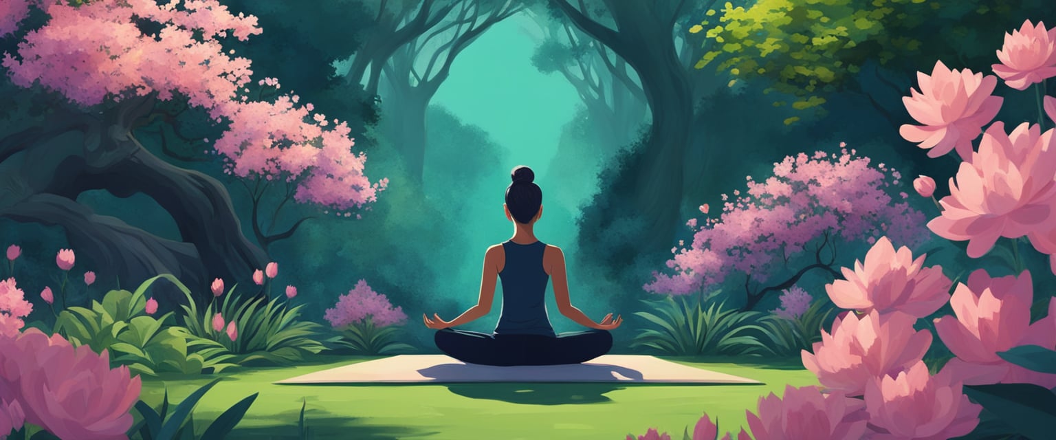 A person meditates in a peaceful garden, surrounded by blooming flowers and lush greenery, while a toxic figure lurks in the shadows, unable to penetrate the serenity