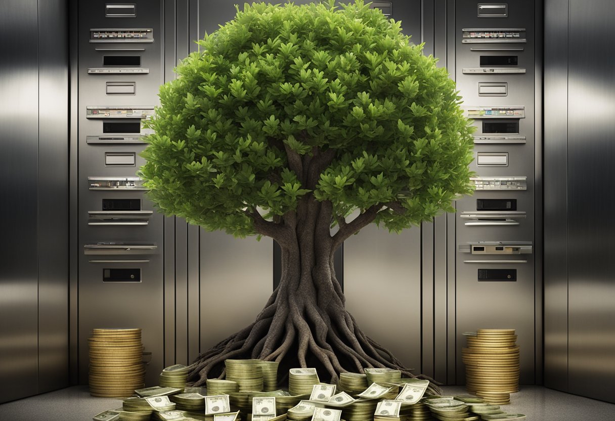 A thriving tree with roots deep in a bank vault, surrounded by growing stacks of money and a rising graph symbolizing business growth